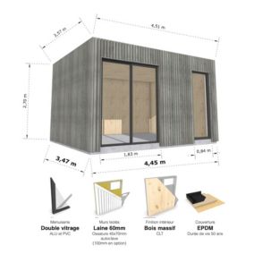 STUDIO DE JARDIN / 15,7 m2 - 4,45 x 3,52m /  Bardage Gris / Intérieur bois massif CLT / Livraison Gratuite