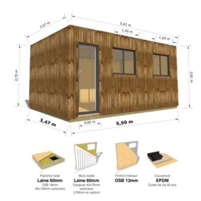 STUDIO DE JARDIN / 19,5 m2 - 5,55 x 3,52m / Plancher isolé / Bardage Brun / Intérieur OSB / Livraison Gratuite