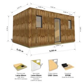 STUDIO DE JARDIN / 19,5 m2 - 5,55 x 3,52m / Plancher isolé / Bardage Brun / Intérieur OSB / Livraison Gratuite