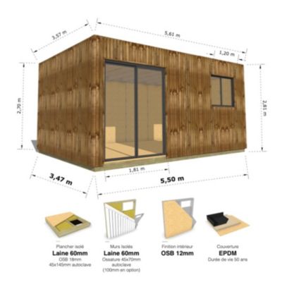 STUDIO DE JARDIN / 19,5 m2 - 5,55 x 3,52m / Plancher isolé / Bardage Brun / Intérieur OSB / Livraison Gratuite