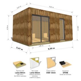 STUDIO DE JARDIN / 19,5 m2 - 5,55 x 3,52m / Plancher isolé / Bardage Brun / Intérieur OSB / Livraison Gratuite