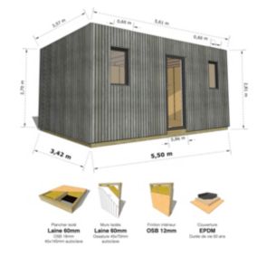 STUDIO DE JARDIN / 19,5 m2 - 5,55 x 3,52m / Plancher isolé / Bardage Gris / Intérieur OSB / Livraison Gratuite