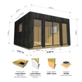 STUDIO DE JARDIN / 20,6 m2 - 4,45 x 4,62m / Plancher isolé / Bardage Noir / Intérieur OSB / Livraison Gratuite