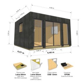 STUDIO DE JARDIN / 20,6 m2 - 4,45 x 4,62m / Plancher isolé / Bardage Noir / Intérieur OSB / Livraison Gratuite