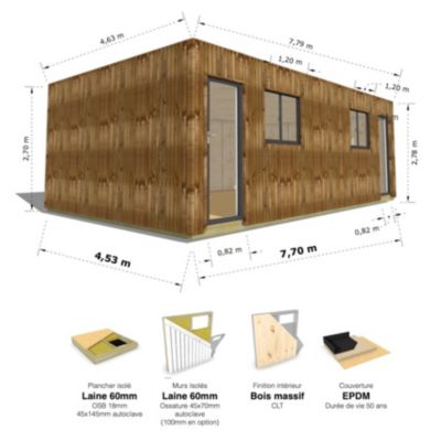 STUDIO DE JARDIN / 35,8 m2 - 7,75 x 4,62m / Plancher isolé / Bardage Brun / Intérieur bois massif CLT / Livraison Gratuite