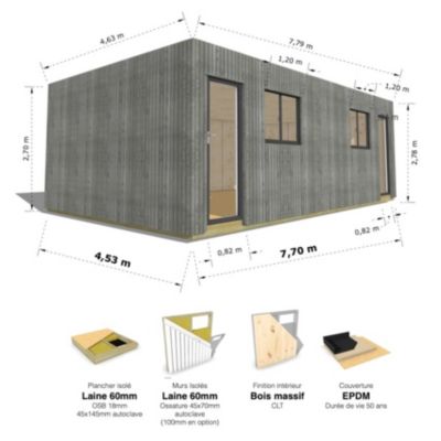STUDIO DE JARDIN / 35,8 m2 - 7,75 x 4,62m / Plancher isolé / Bardage Gris / Intérieur bois massif CLT / Livraison Gratuite