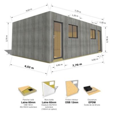 STUDIO DE JARDIN / 35,8 m2 - 7,75 x 4,62m / Plancher isolé / Bardage Gris / Intérieur OSB / Livraison Gratuite