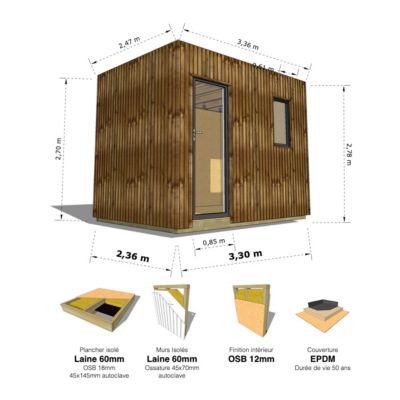 STUDIO DE JARDIN / 8,1 m2 - 3,35 x 2,42m / Plancher isolé / Bardage Brun / Intérieur OSB / Livraison Gratuite