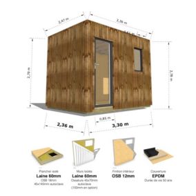 STUDIO DE JARDIN / 8,1 m2 - 3,35 x 2,42m / Plancher isolé / Bardage Brun / Intérieur OSB / Livraison Gratuite