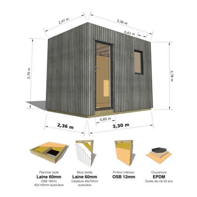 STUDIO DE JARDIN / 8,1 m2 - 3,35 x 2,42m / Plancher isolé / Bardage Gris / Intérieur OSB / Livraison Gratuite