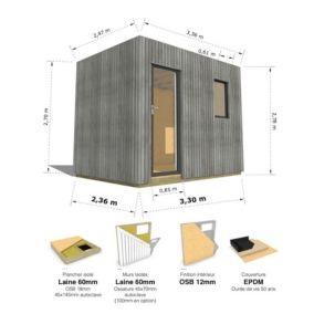 STUDIO DE JARDIN / 8,1 m2 - 3,35 x 2,42m / Plancher isolé / Bardage Gris / Intérieur OSB / Livraison Gratuite