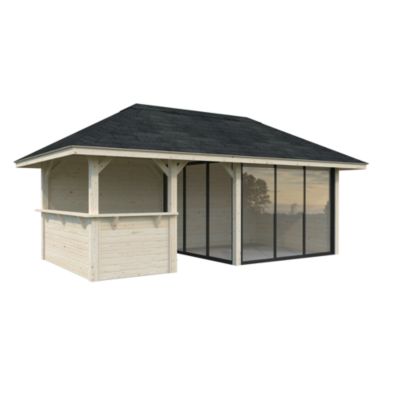 Studio de jardin Palmako Bianca 207 en bois naturel ép.28 mm et pergola 12,9m² 31,5m²