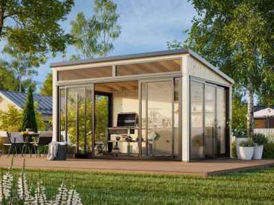 Studio de jardin vitré en bois Saga - PALMAKO - 13.2 m² - 420 x 297 cm - Double vitrage trempé - Bois naturel