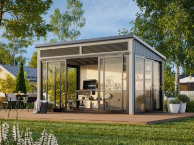 Studio de jardin vitré en bois Saga - PALMAKO - 13.2 m² - 420 x 297 cm - Double vitrage trempé - Bois peint gris