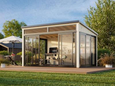 Studio de jardin vitré en bois Saga - PALMAKO - 13.2 m² - 420 x 297 cm - Simple vitrage trempé - Bois naturel
