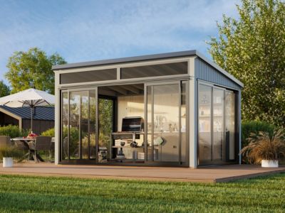 Studio de jardin vitré en bois Saga - PALMAKO - 13.2 m² - 420x297 cm - Simple vitrage trempé - Bois peint gris