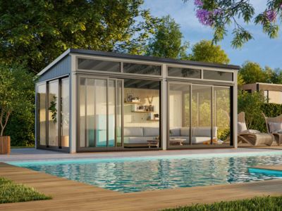 Studio de jardin vitré en bois Saga - PALMAKO - 18.2 m² - 582 x 297 cm - Double vitrage - Bois peint gris