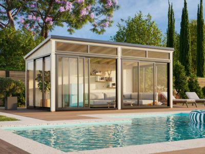 Studio de jardin vitré en bois Saga - PALMAKO - 18.2 m² - 582 x 397 cm - Simple vitrage trempé - Bois naturel