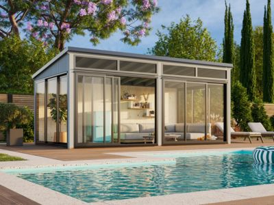 Studio de jardin vitré en bois Saga - PALMAKO - 18.2 m² - 582 x 397 cm - Simple vitrage trempé - Bois peint gris