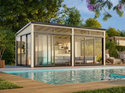 Studio de jardin vitré en bois Saga - PALMAKO - 18.5 m² - 420 x 420 cm - Double vitrage - Bois naturel