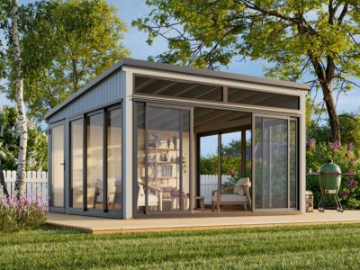 Studio de jardin vitré en bois Saga - PALMAKO - 18.5 m² - 420 x 420 cm - Simple vitrage - Bois peint gris