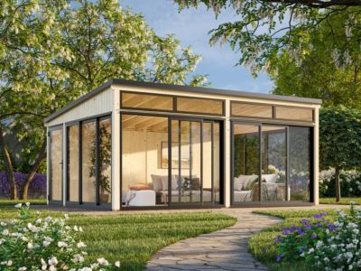 Studio de jardin vitré en bois Saga - PALMAKO - 25.5 m² - 582x420 cm - Double vitrage trempé - Bois naturel