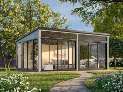 Studio de jardin vitré en bois Saga - PALMAKO - 25.5 m² - 582x420 cm - Double vitrage trempé - Bois peint gris