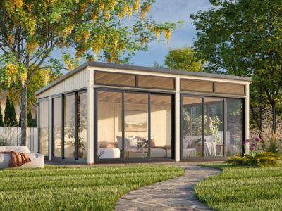 Studio de jardin vitré en bois Saga - PALMAKO - 25.5 m² - 582x420 cm - Simple vitrage trempé - Bois naturel