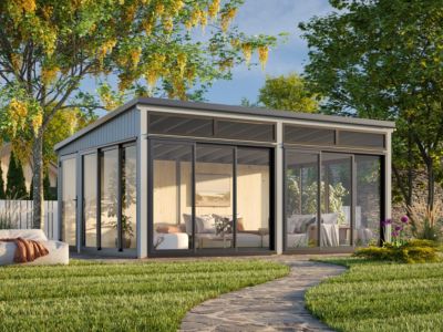 Studio de jardin vitré en bois Saga - PALMAKO - 25.5 m² - 582x420 cm - Simple vitrage trempé - Bois peint gris
