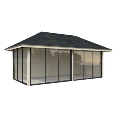 Studio de jardin vitré Palmako Bianca 202 en bois naturel ép.28 mm et baies coulissantes 31,5m²