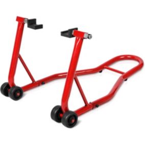 Support Bequille de Moto Velo Arriere Leve avec 4 Roulettes et Bras Reglable de 28 a 33 CM rouge