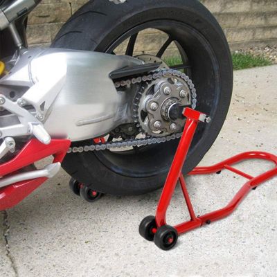 Support Bequille de Moto Velo Arriere Leve avec 4 Roulettes et Bras Reglable de 28 a 33 CM rouge