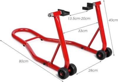 Support Bequille de Moto Velo Arriere Leve avec 4 Roulettes et Bras Reglable de 28 a 33 CM rouge