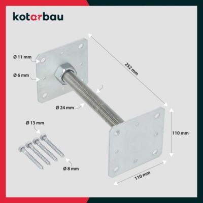 Support de Poteau KOTARBAU, acier galvanisé, 110 x 110 x 250 mm, M24, argent, Pied Réglable, Support Poteau Bois, lot de 4 pièces