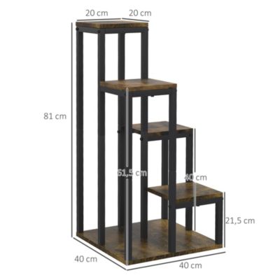 Support à fleurs style industriel 5 niveaux - porte plante 4 étagères - acier époxy noir aspect bois foncé