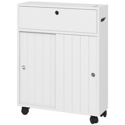Support papier toilette sur roulettes - armoire papier toilette - 2 portes coulissantes, étagère, 2 compartiments fermés - blanc