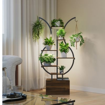 Support à plantes 142 cm multi-niveaux, lampe de croissance, crochets, cadre bois métal, salon jardin d'intérieur