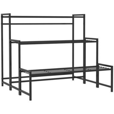 Support plantes métal noir 3 niveaux type échelle, hauteur 66 cm, intérieur et extérieur