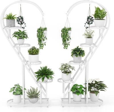 Support pour Plante à 5 Niveaux en Métal, Étagère en Forme de Cœur avec 4 Crochets, Plate-forme à Lattes, Blanc