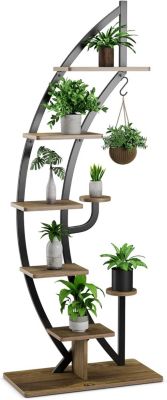 Support pour Plantes en Métal 6 Niveaux,en Forme de Demi-lune avec Crochet,Anti-Basculement,pour Balcon,Terrasse,60x30x155CM