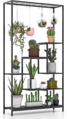 Support pour Plantes Intérieur à 6 Niveaux, Présentoir, 10 Crochets, en Bois et en Métal,pour Balcon, Salon, 100x30x180cm (Noir)