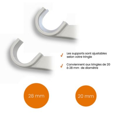 Support sans perçage, Tringle à  rideau, pour Coffre de Volet Roulant, Blanc, Extensible 14 à  24 cm, D.20 à  28 mm