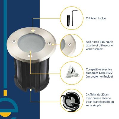 Support Spot Encastrable Sol GU5.3 MR16 12V étanche IP67 Rond - perçage 90mm Diffuseur Dépoli