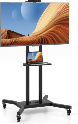 Support TV à roulettes, Hauteur Réglable pour Écrans Plats Incurvés 81 à 178cm, Chariot TV Base en H et roulettes Verrouillable