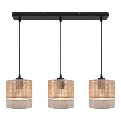 Suspension 3 lampes rotin et métal noir E27 15W H.110cm GoodHome Conebill