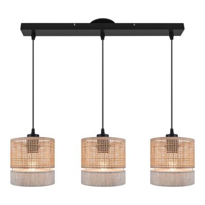 Suspension 3 lampes rotin et métal noir E27 15W H.110cm GoodHome Conebill