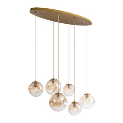 Suspension Art Déco Laiton avec Plaque de Plafond Ovale et Verre Ambré 6 Lumières - Douglass