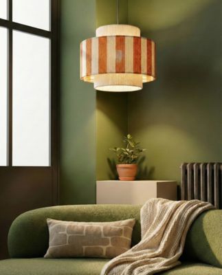 Suspension en corde de coton rayée E27 40W blanc et orange Ø38 cm Jumell Moyo