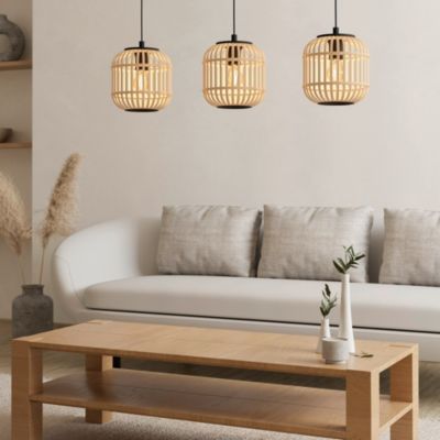 Suspension en métal noir bois 3 lampes E27 84W H.110 x L.91cm Eglo, Hanoi