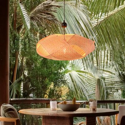 Suspension en rotin noir tressé à la main, design géométrique, style naturel boho, douille E27 pour salon ou salle à manger 61 cm